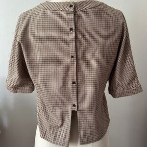 Zara Trafaluc Houndstooth Patterned Cropped Cuffed Short Sleeves Top Blouse